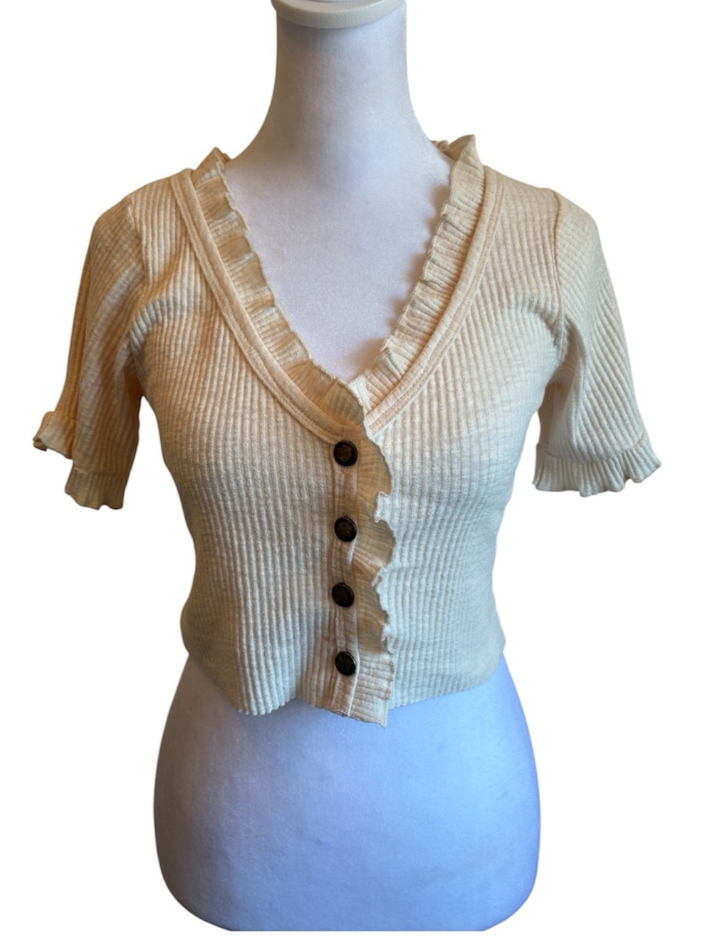Small POL Cream Ribbed Ruffle Trim Cardigan Crop Top